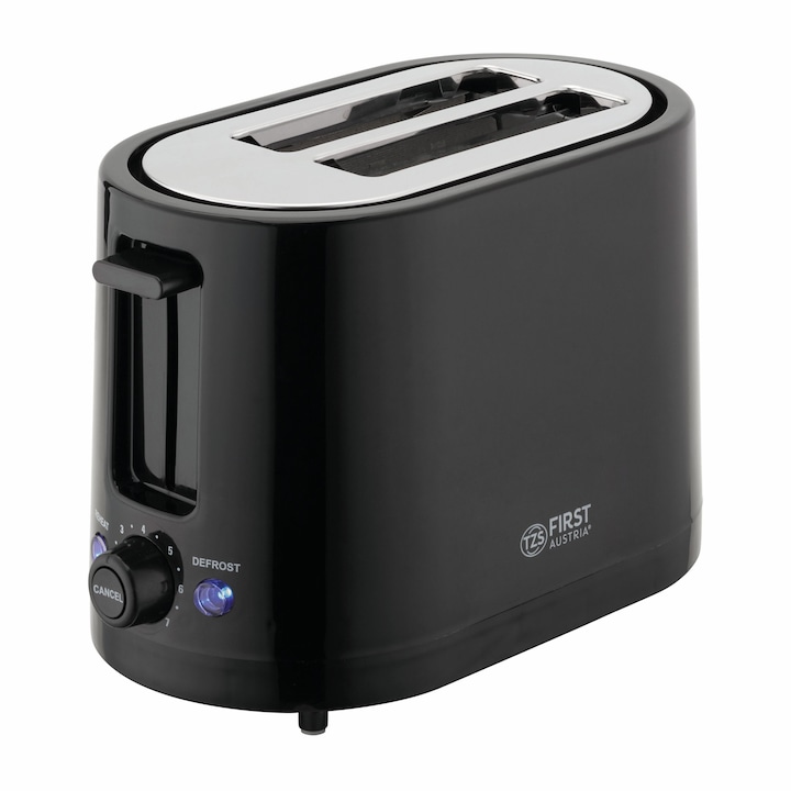 Toaster TZS First Austria 2 felii, negru 750W, 7 trepte rumenire, functii incalzire & decongelare, suport chifle, tava firimituri