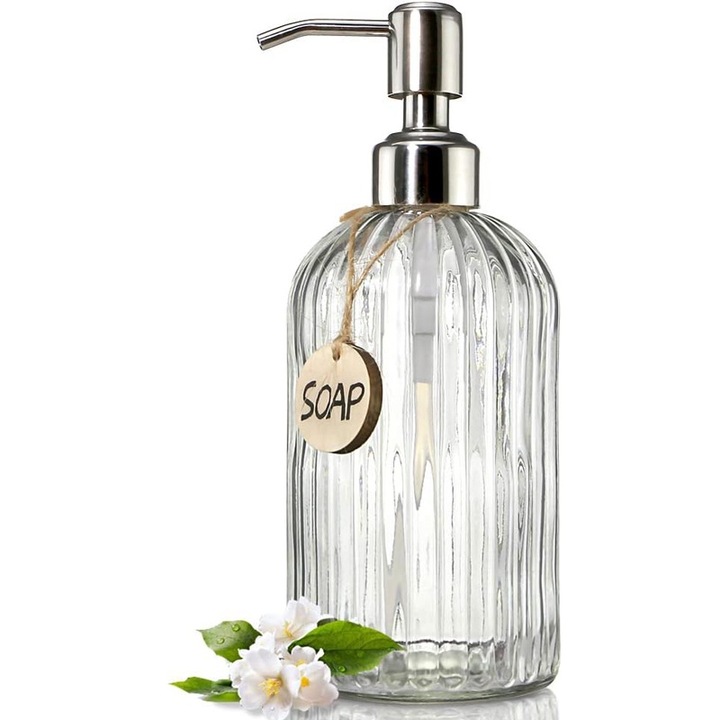 Dispenser Sapun Lichid Rqiurpn, Pompa Inox, Sticla, 7.6 x 20 cm, Transparent, 420ml