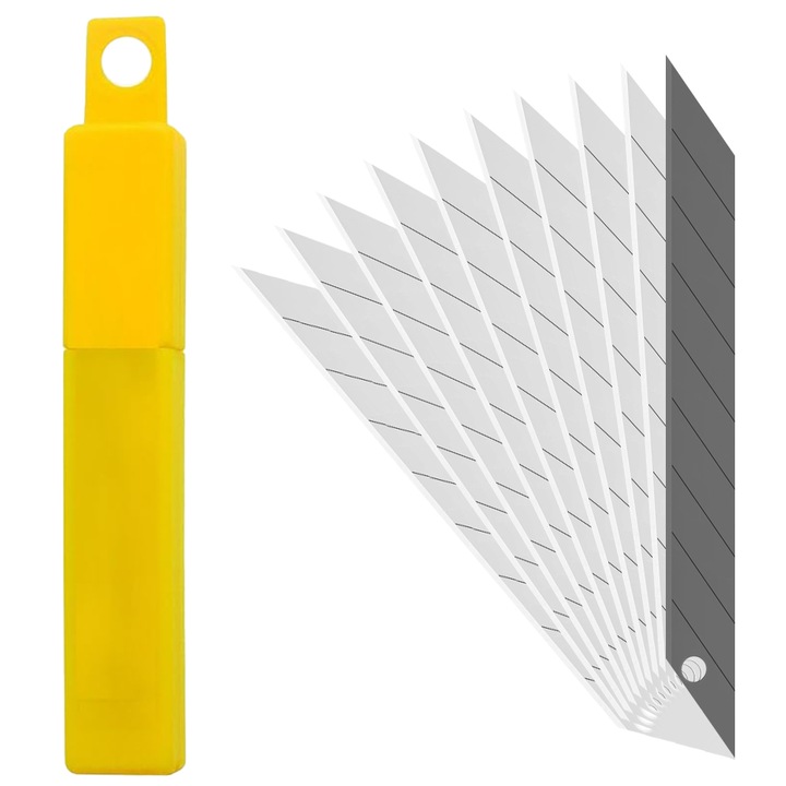 Set 10 bucati lame cutter, Minetgnon®, Poate fi folosit pentru taierea pielii, cauciucului etc, Unghi 30°, Alloy Steel, 9 mm, Negru/Argint
