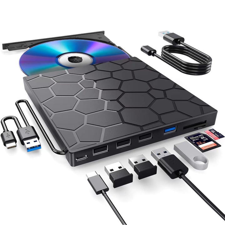 Външно оптично устройство WALALLA, 8 в 1, USB 3.0, CD/DVD четец и записващо устройство, USB хъб, SD/TF четец на карти, черен