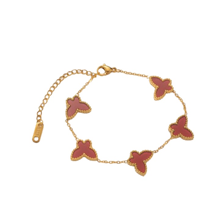 Bratara Dama, Model Fluturi Rosii, Otel inoxidabil, Placat cu aur, Culoare Gold