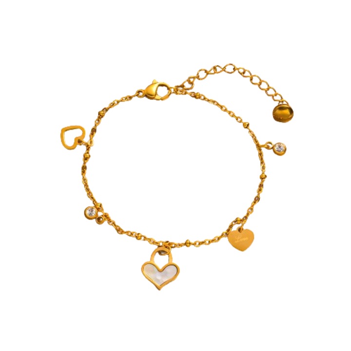 Bratara Dama, Model Inimi1, Piatra Zircon si Quartz alb, Otel inoxidabil, Placat cu aur, Culoare Gold