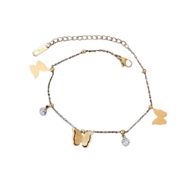 Bratara Dama, Model Fluturi, Piatra Zirconiu alb, Otel inoxidabil, Placat cu aur, Culoare Gold