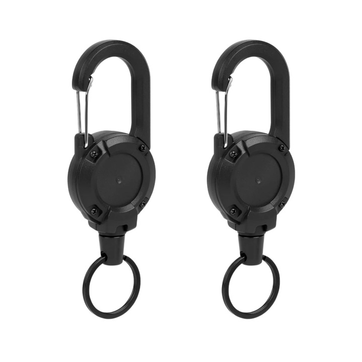 Комплект от 2 ролкови щипки за бадж, стоманен кабел 80 см, черен, 4х4 см