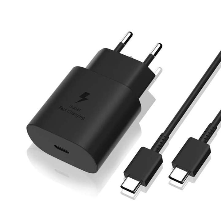 Incarcator Fast Charge 45W, compatibil cu Samsung S10, S20, S20 Ultra, S21 FE, S21, S22, S22 Plus, S23, S23 Plus, Note 10, Note 20, si Cablu de date fast charge 1m Tip C, Type C, Negru
