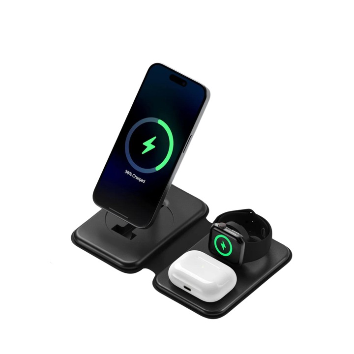 Zimmo® vezeték nélküli töltő, összecsukható 3 az 1-ben töltőállomás, 15 W-os gyorstöltés, Qi funkciós gyors telefontöltés, vezeték nélküli fejhallgató és okosóra, fekete