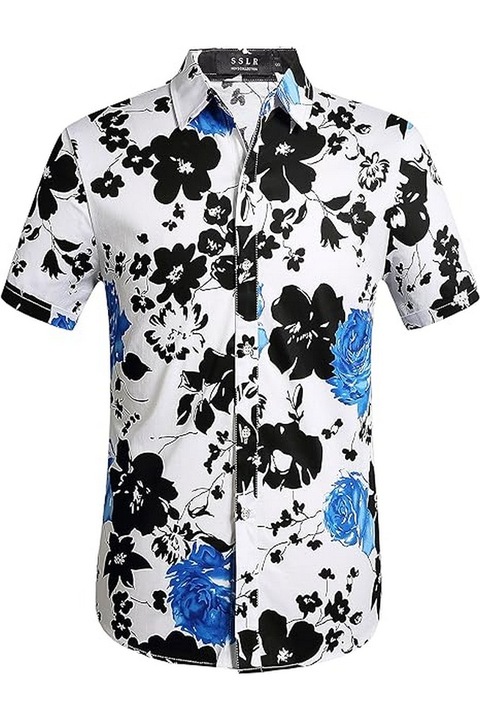 Синя ежедневна мъжка риза с къс ръкав на цветя, размер S, SSLR