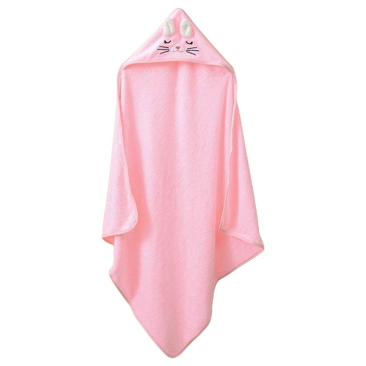 Prosoap de baie cu gluga pentru bebelusi, design animalut pisica, roz, 80x80cm