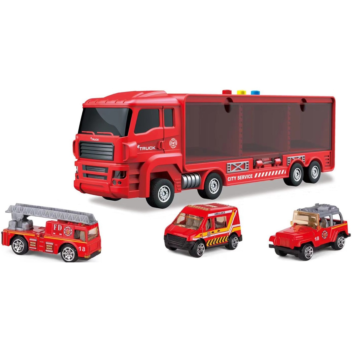 Set de joaca Mappy Camionul cu 3 masinute metalice pompieri, lumini si sunete