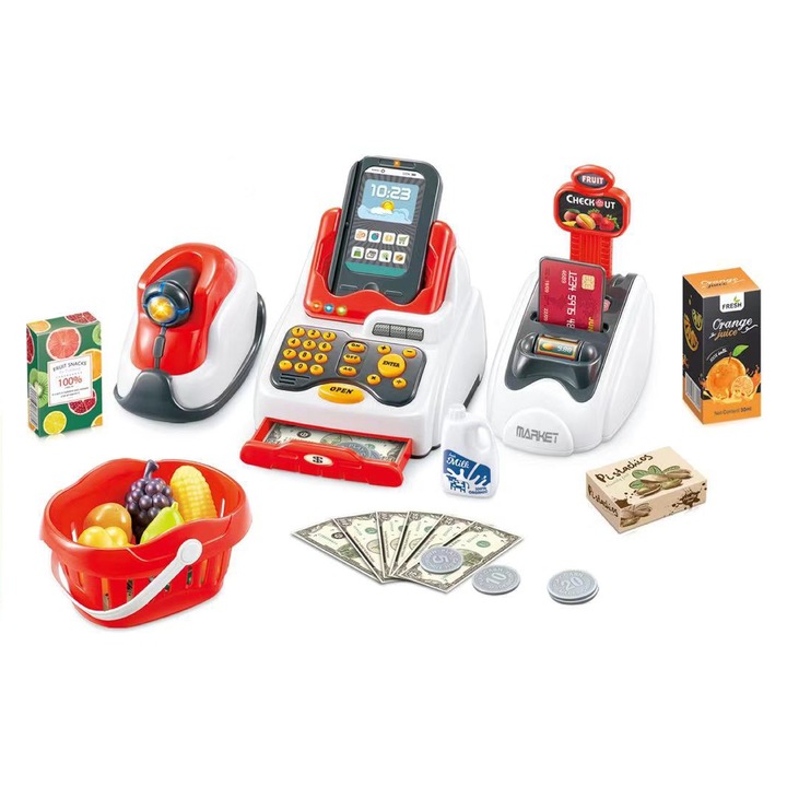 Set de joaca Mappy 3in1 cu scanner, casa de marcat, POS, cos de cumparaturi si accesorii, 24 piese