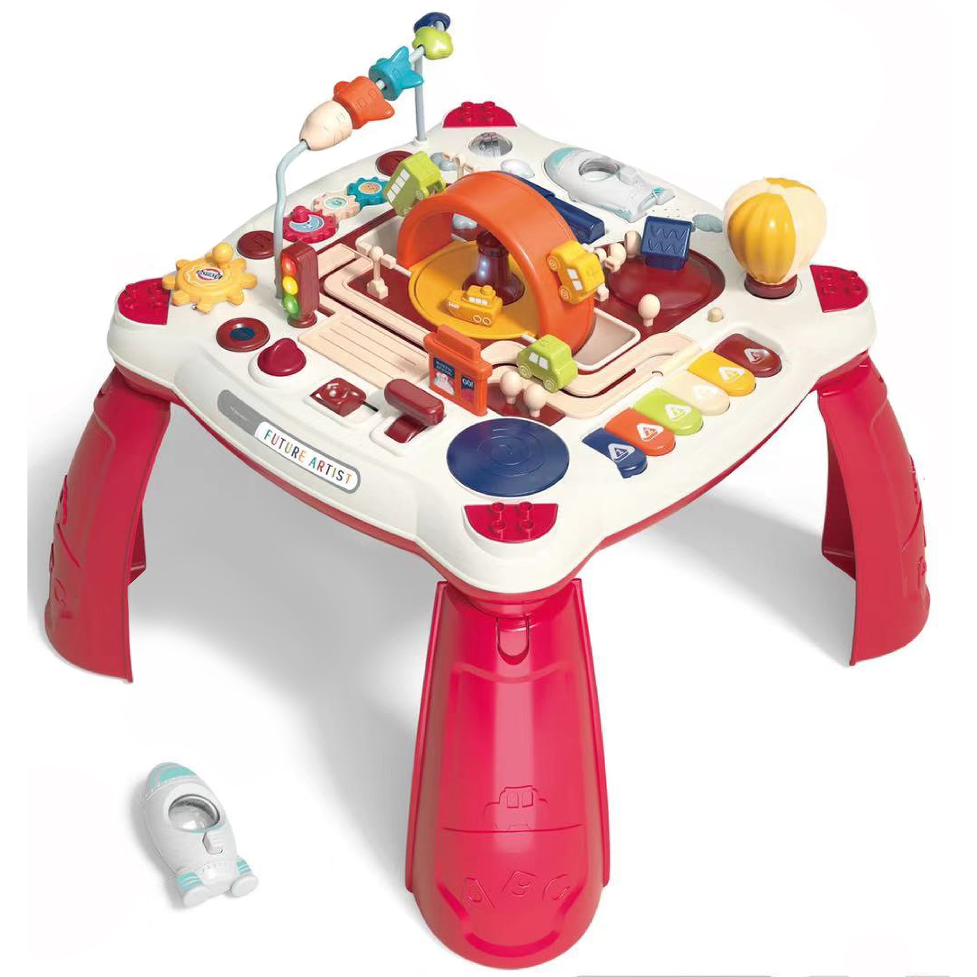 Masuta de joaca interactiva Mappy 2in1 cu pian, activitati si placa suplimentara pentru piese de constructie, rosu