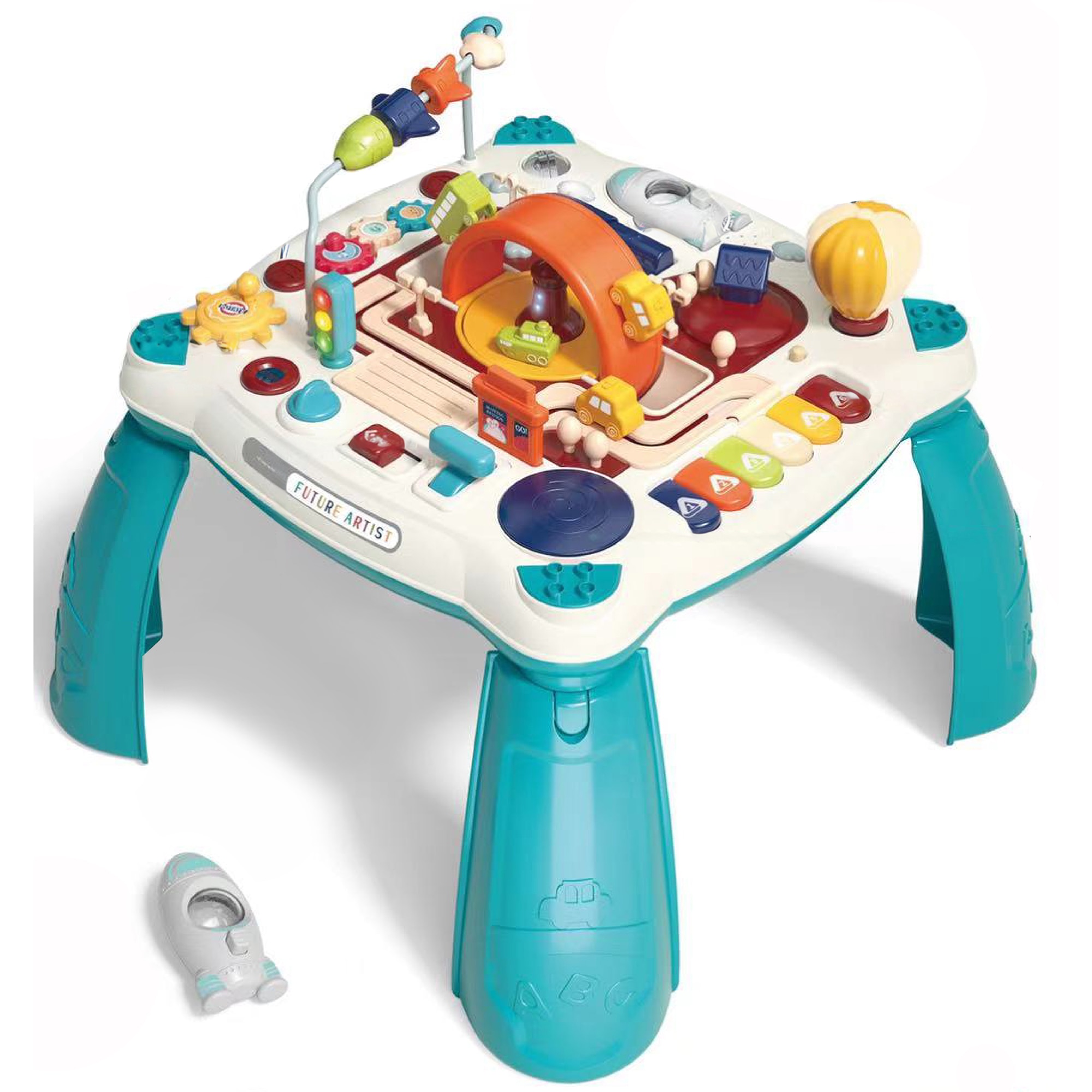 Masuta de joaca interactiva Mappy 2in1 cu pian, activitati si placa suplimentara pentru piese de constructie, albastru