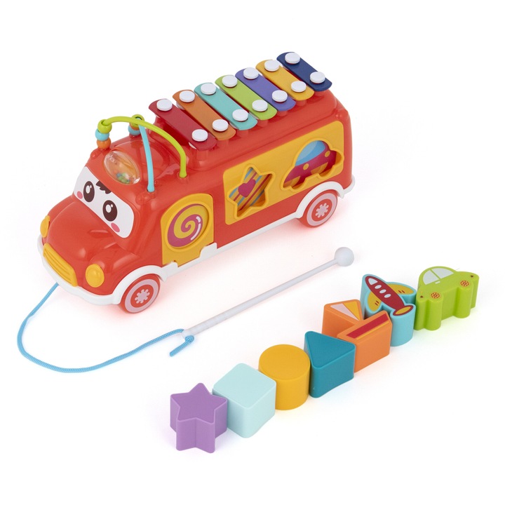 Mappy Piano Bus interaktív játék xilofonnal és tevékenységekkel, Piros