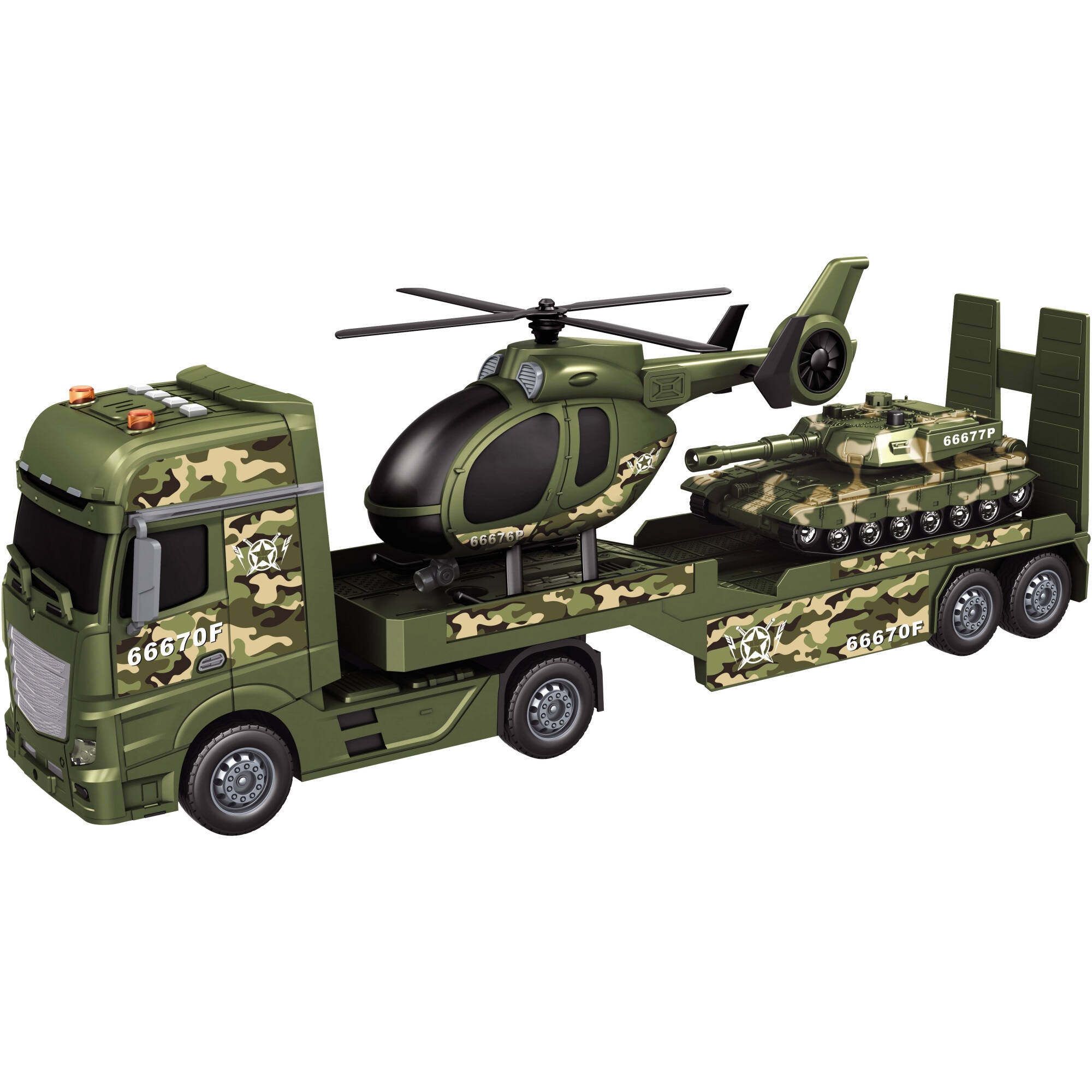 Set de joaca Mappy Military - Camionul cu Masinuta si Elicopter, cu lumini si sunete, scara 1:12