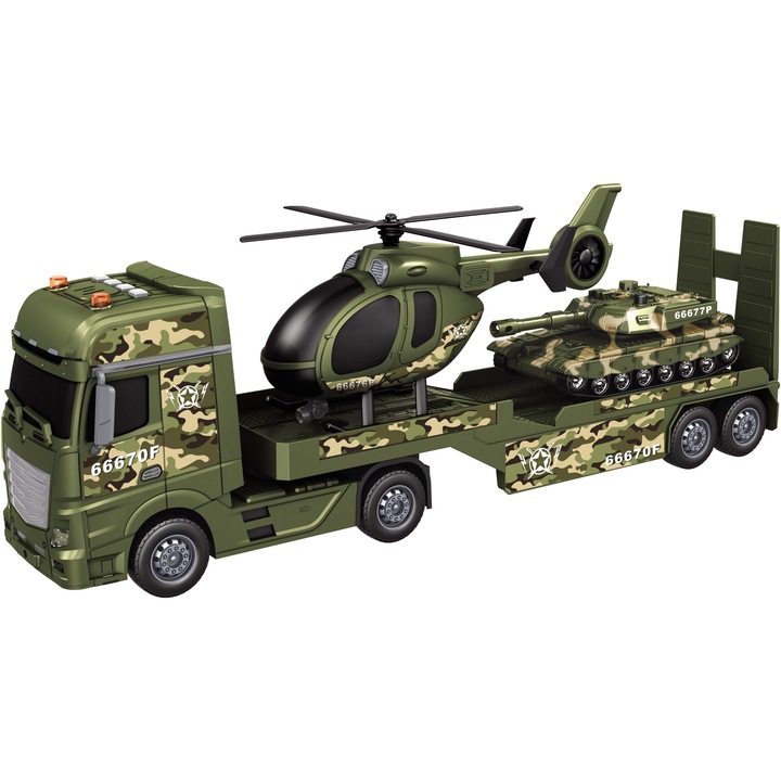 Комплект за игра Mappy Military - Камион с кола и хеликоптер, Със светлини и звуци, Мащаб 1:12
