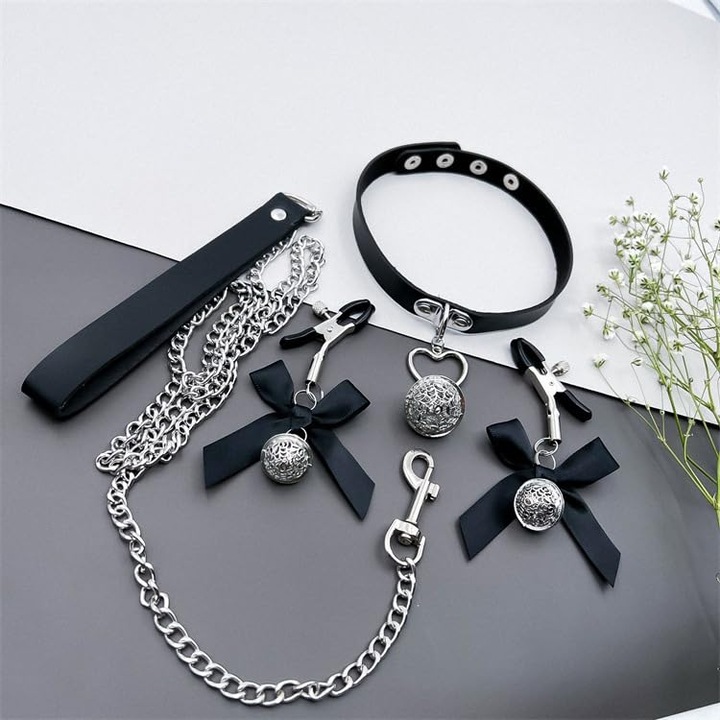 Healife BDSM szett, állítható mellbimbóbilincs, nyakörv, fekete, 2 db