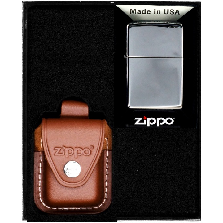 Set Zippo, bricheta originala, etui din piele maro, rezistenta la vant, in cutie de cadou