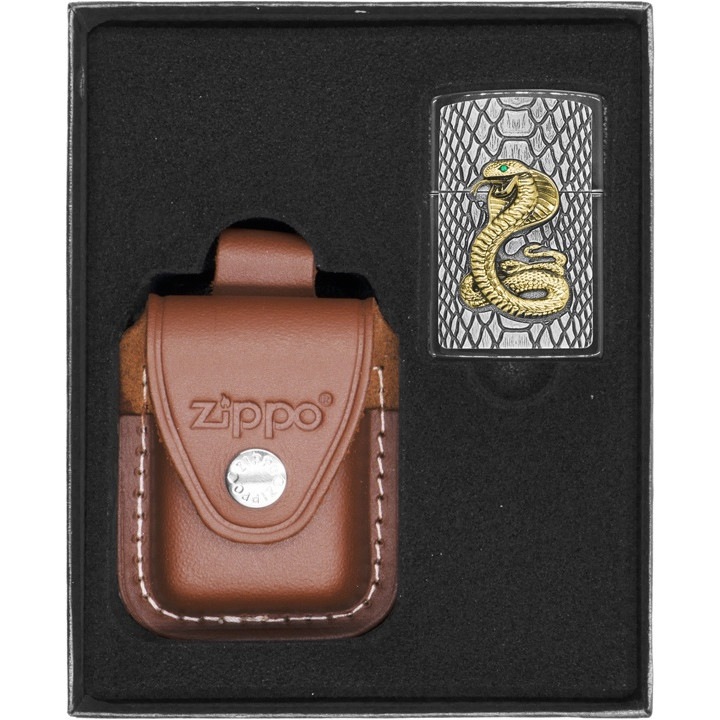 Set Bricheta Zippo Cobra, Etui Piele Maro, Metal, Rezistenta la Vant