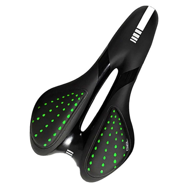 Sa pentru bicicleta, Zola, din gel extrem de confortabil, orificii de ventilatie, pe 2 tije, 27x16x5 cm, negru cu verde