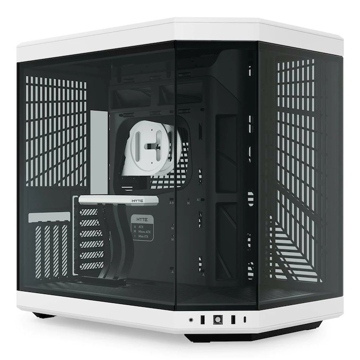 HYTE Y70 tok, kétkamrás, középső torony, ATX, oldalsó/elülső biztonsági üveg, PCIe emelővel, fekete/fehér