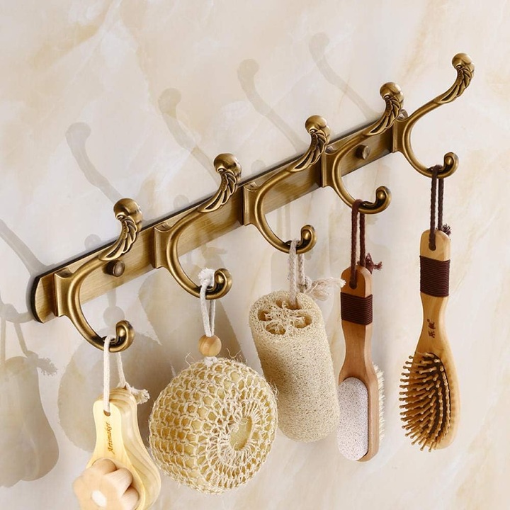 Akasztó 5 kampóval, vintage, fém, antik arany