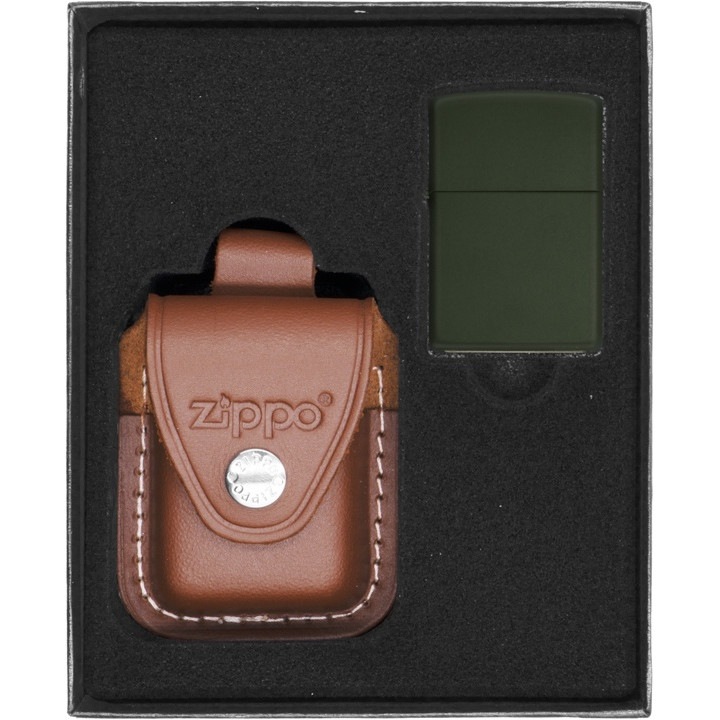 Set Bricheta Zippo, Etui Piele Maro, Metal, Verde Mat, in Cutie Cadou