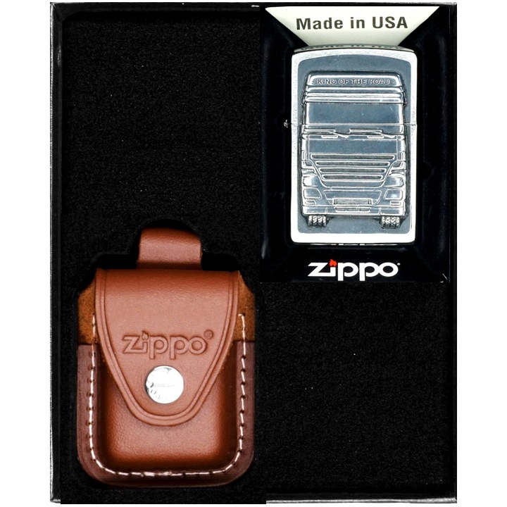 Set cadou cu bricheta si husa King of the Road, Zippo, Gri/Maro