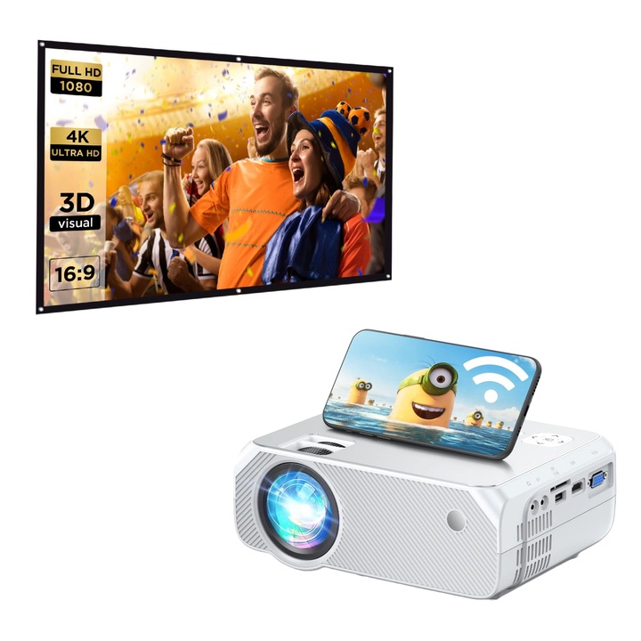 Set videoproiector Wifi si ecran proiectie de 100 inch, 6500 Lumeni, 1080P Full HD, portabil, pana la 300 inch, Suport Android, iOS, Home Theater
