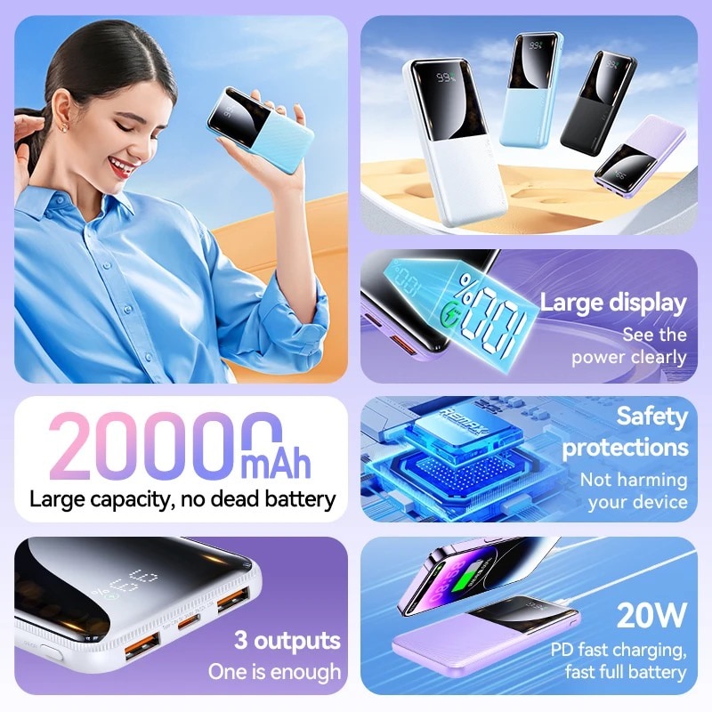 Powerbank Leotec 20 000 MAh – Charge Rapide 22,5W, 3 Ports, écran Digital – Blanc, Ultra-portable - 2