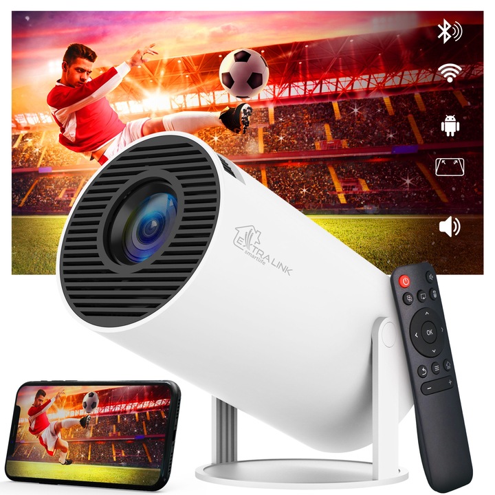 Преносим видео проектор, интелигентен проектор Extralink Smart Life, ESP-Mini, 200 ANSI, 720p, 1280x720p HD резолюция, Wi-Fi 2.4GHz/5GHz, HDMI връзка, USB и Mirroring Android/IOS, бял