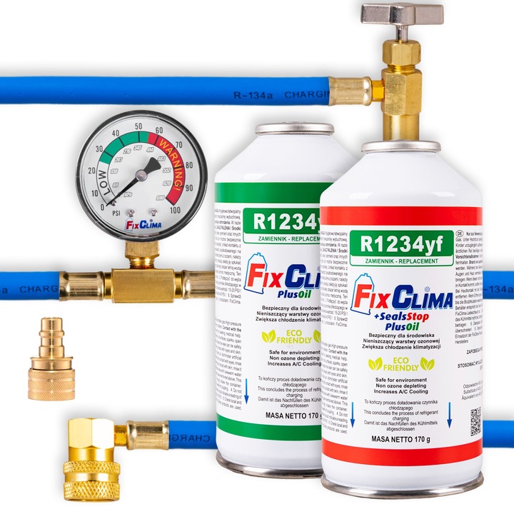 FixClima autós klíma töltőkészlet R1234yf, 3 az 1-ben tömítőanyag, adapter, nyomásmérő
