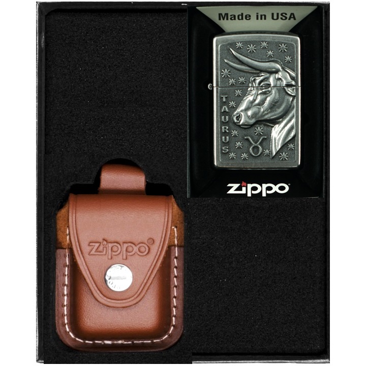 Set Bricheta Zippo Zodiac Taurus, Etui Piele, alama, Maro