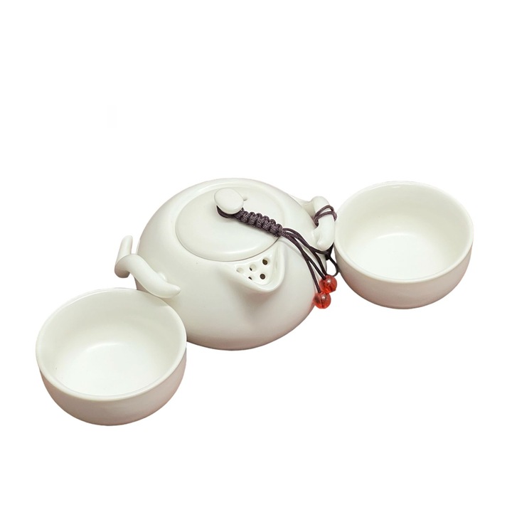 Set Ceainic 150 ml si 2 cupe 65 ml fiecare, Ceramica Alb