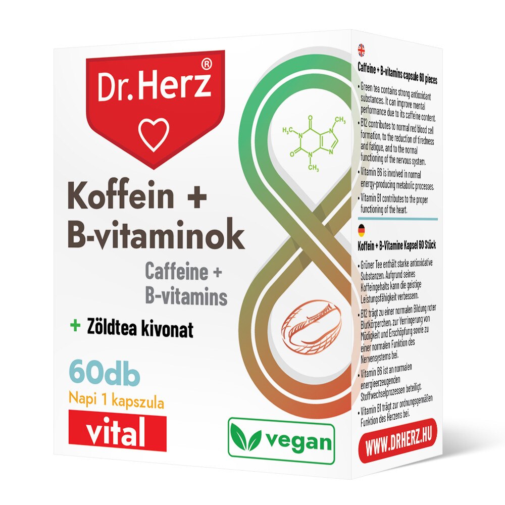 Capsule vegane cu cofeina, vitamine B si extract de ceai verde Dr Herz 60  buc - eMAG.ro