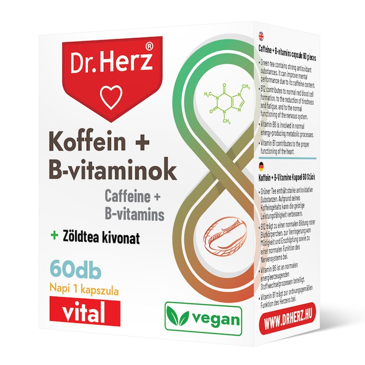 Capsule vegane cu cofeina, vitamine B si extract de ceai verde Dr Herz 60 buc