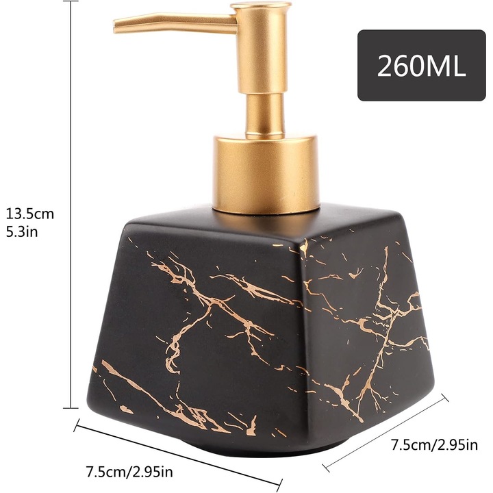 Dozator de sapun ceramic, Tovbmup, model marmura, negru/auriu, 260ml