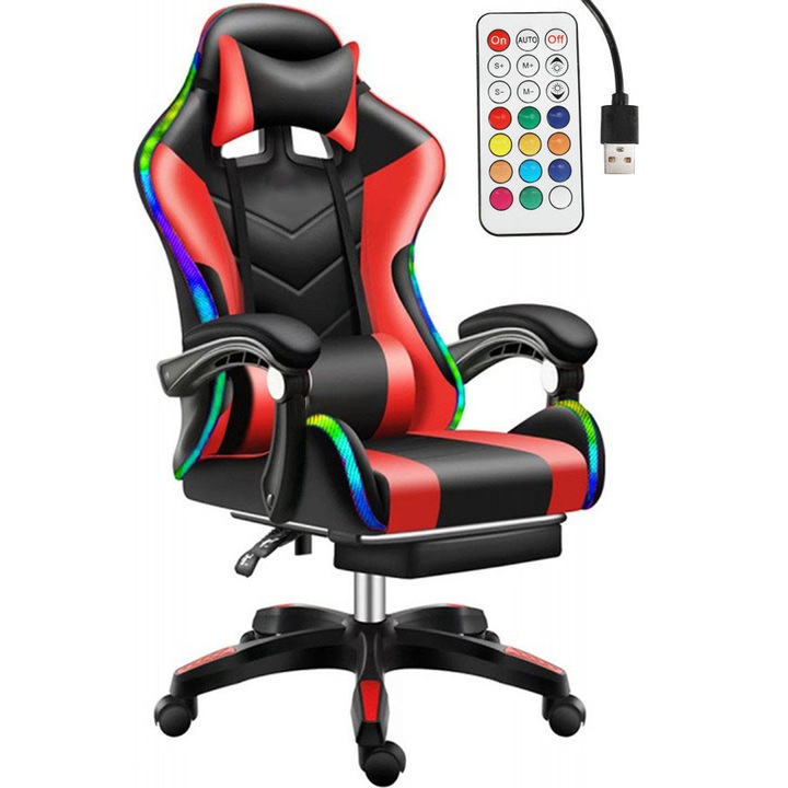 Likeregal 920 LED-es gamer szék lábtartóval piros masszázs funkcióval TT-1115