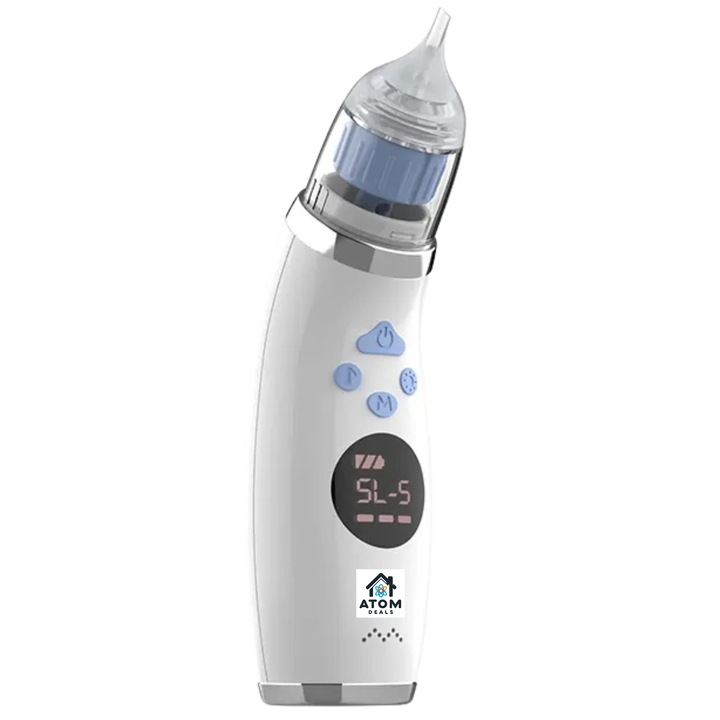 Aspirator nazal electric pentru copii si bebelusi, design ergonomic, putere de aspirare 68 kPa, auto-curatare, rezistent la apa IPX6, melodii integrate, acumulator 600mAh, 5 viteze, 2 capete interschimbabile, alb