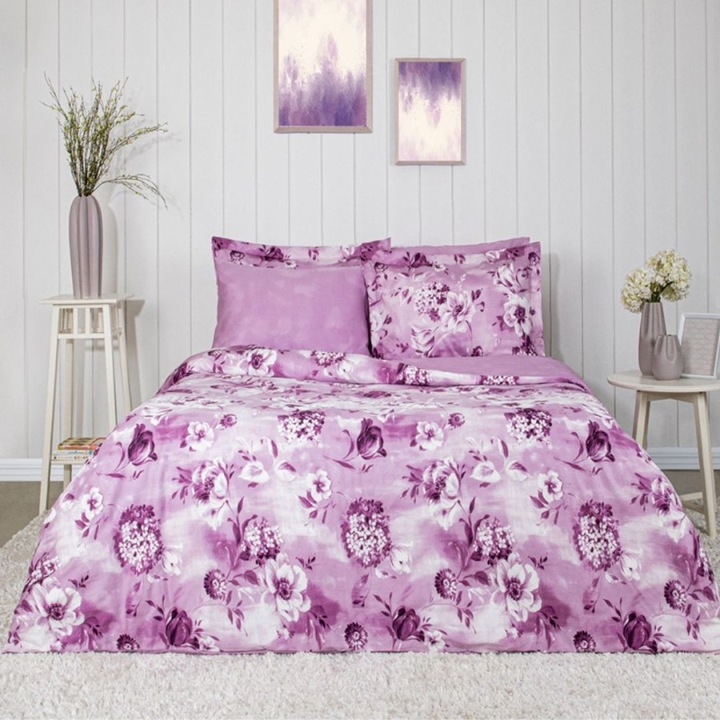 Двойно спално бельо, луксозен сатен, 6 части, 240x260 см, Tac Elegance, Vesta Lila