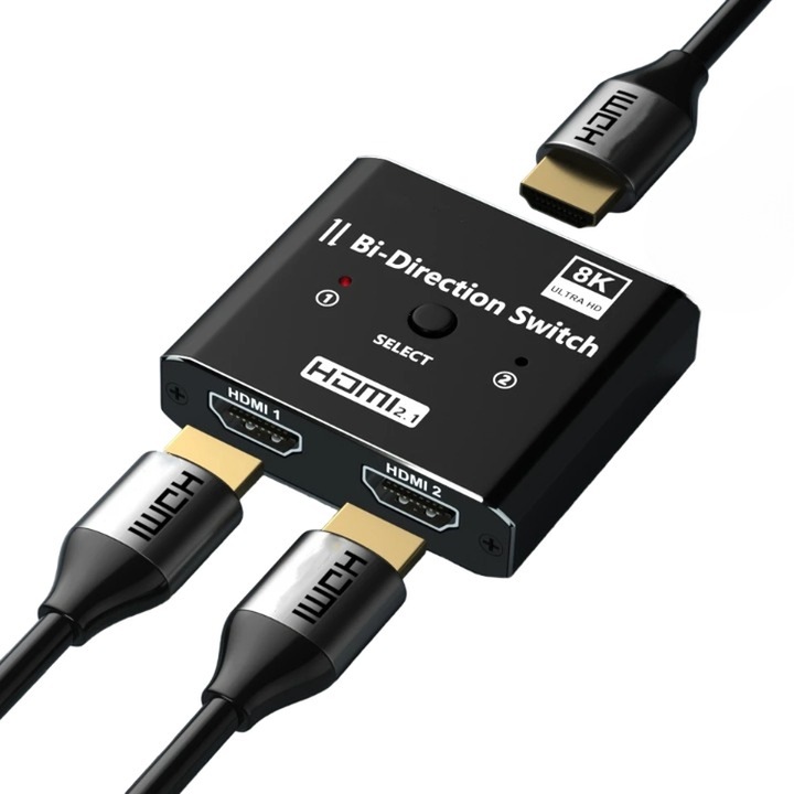 8K HDMI 2.1 Staryon® двупосочен превключвател 1x2 / 2x1, 2 входа 1 изход, поддържа UHD 4K@120Hz 1080P@240Hz 8K@60Hz 3D HDR HDCP, идеален за конзола, телевизор, проектор, система за домашно кино, без нужда от захранване, черен