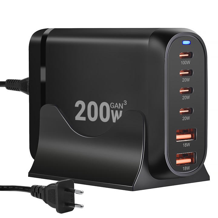 Statie incarcare JESWO, 200W, 6 porturi, incarcare rapida, negru, 9x6.5x3cm