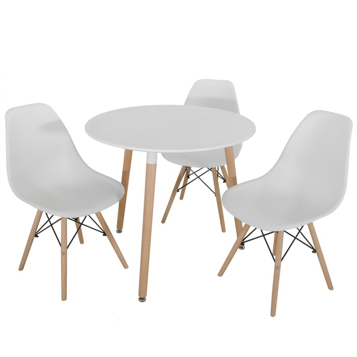 Set masa Salzburg alba cu 3 scaune Malmo albe, DENVER, blat MDF alb, forma rotunda, 80x74 cm