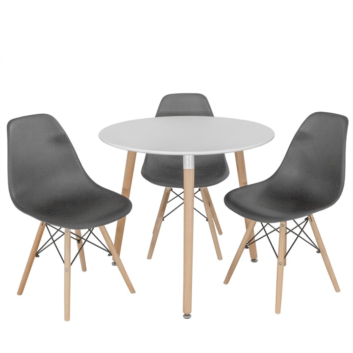 Set masa Salzburg alba cu 3 scaune Malmo negre, DENVER, blat MDF alb, forma rotunda, 80x74 cm