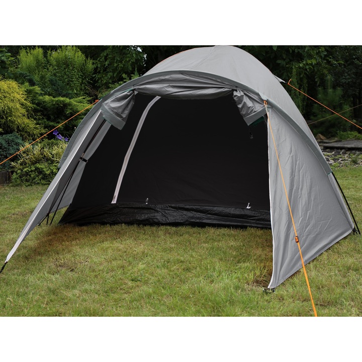 Cort camping, Zola, 4 persoane, 1 camera, din poliester, 360x120x130 cm, gri