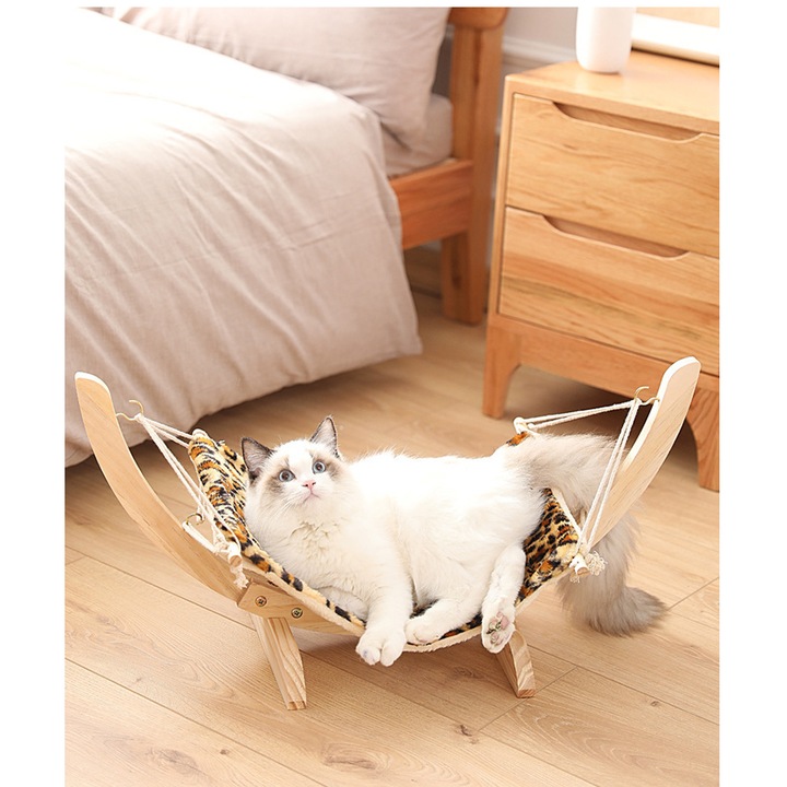 Hamac Premium Confortabil pentru Pisici si Catei Mici – Suport Lemn, Patura Moale, Usor de Montat, 72x32x35 cm