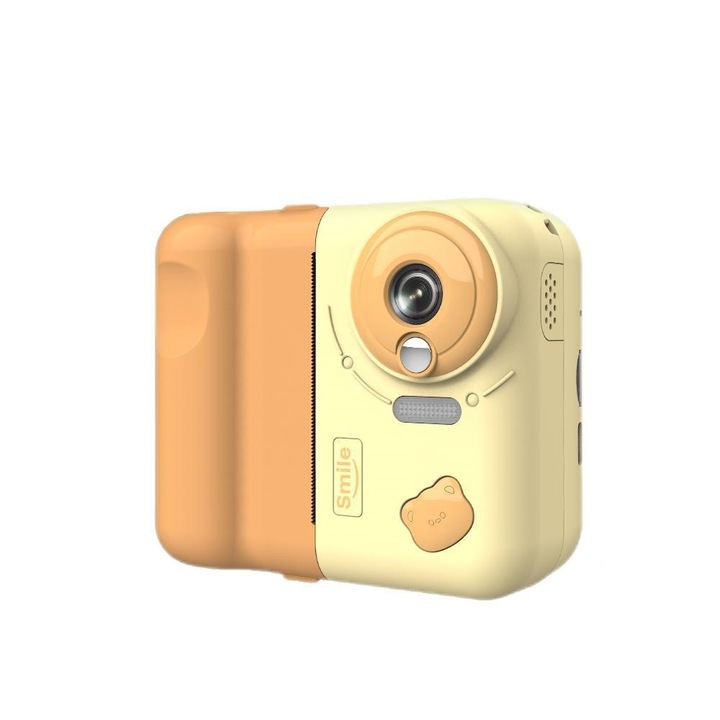 Aparat foto digital cu imprimare pe role de hartie, potrivit pentru copii, 1080p, blit, baterie interna, incarcare prin USB, zoom 10x, culoare galbena