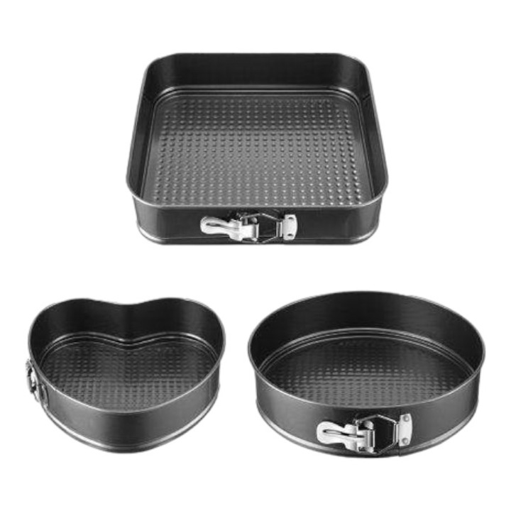 Set 3 Tavi PENDAN Pentru Prajituri, cu Baza Detasabila si Forme Diferite, Patrata, Rotunda si Inima, 24 cm/26 cm/28 cm