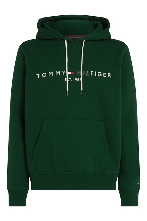 Tommy Hilfiger, Hanorac cu buzunar kangaroo si logo, Verde inchis