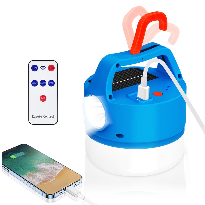 Napelemes lámpa kempingezéshez, Demine, 300 Lumen, LED 3 üzemmóddal, Napenergiával és USB-vel tölthető, Vízálló, Távirányítóval, Ideális kültérre, Udvarokra és napellenzőkre, Kék, 13x11x11 cm