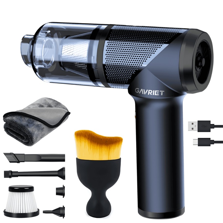 Aspirator Auto 3 in 1 Fara Fir Gavriet™ Turbo Duster 2, 12000PA, 100W, Baterie 4000mAh, 2 Trepte, Functii de Aspirare, Suflare, Vidare, Filtru HEPA, Perie Detailing, Prosop Microfibre, Negru
